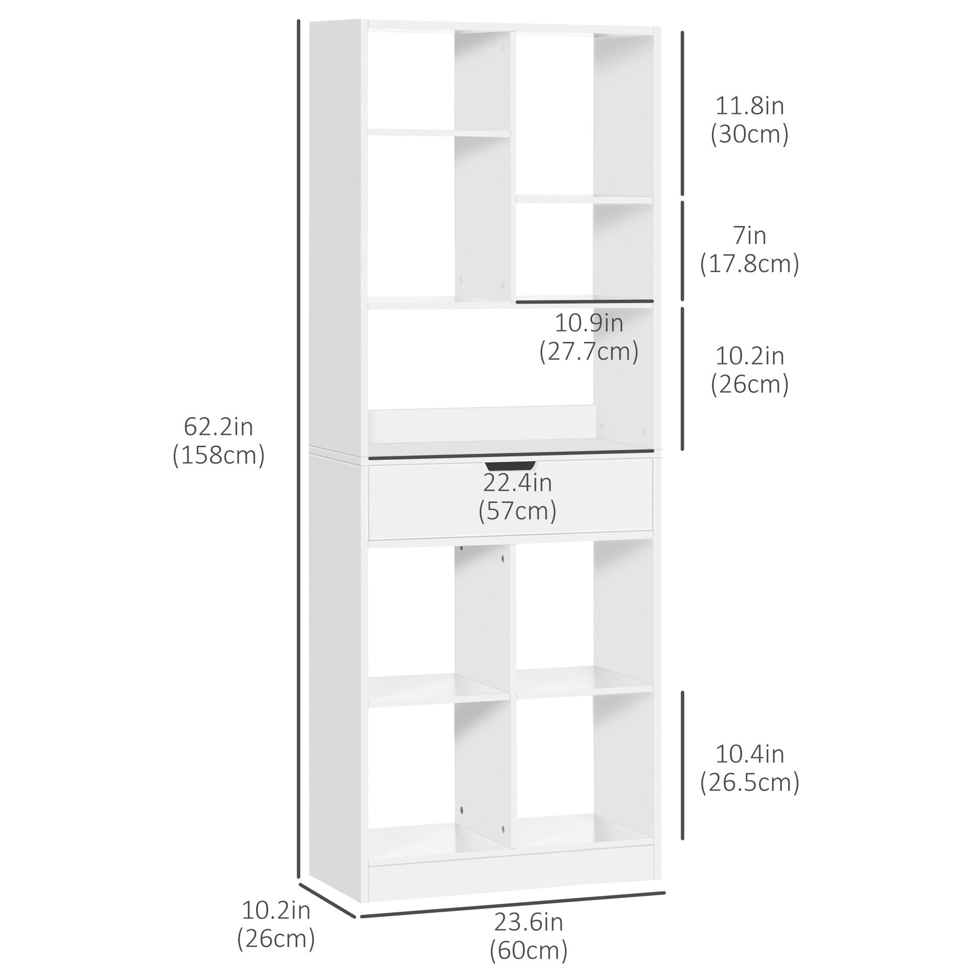 Julian Tall Freestanding Bookshelf with Drawer for Bedroom, Living Room and Home Office-White