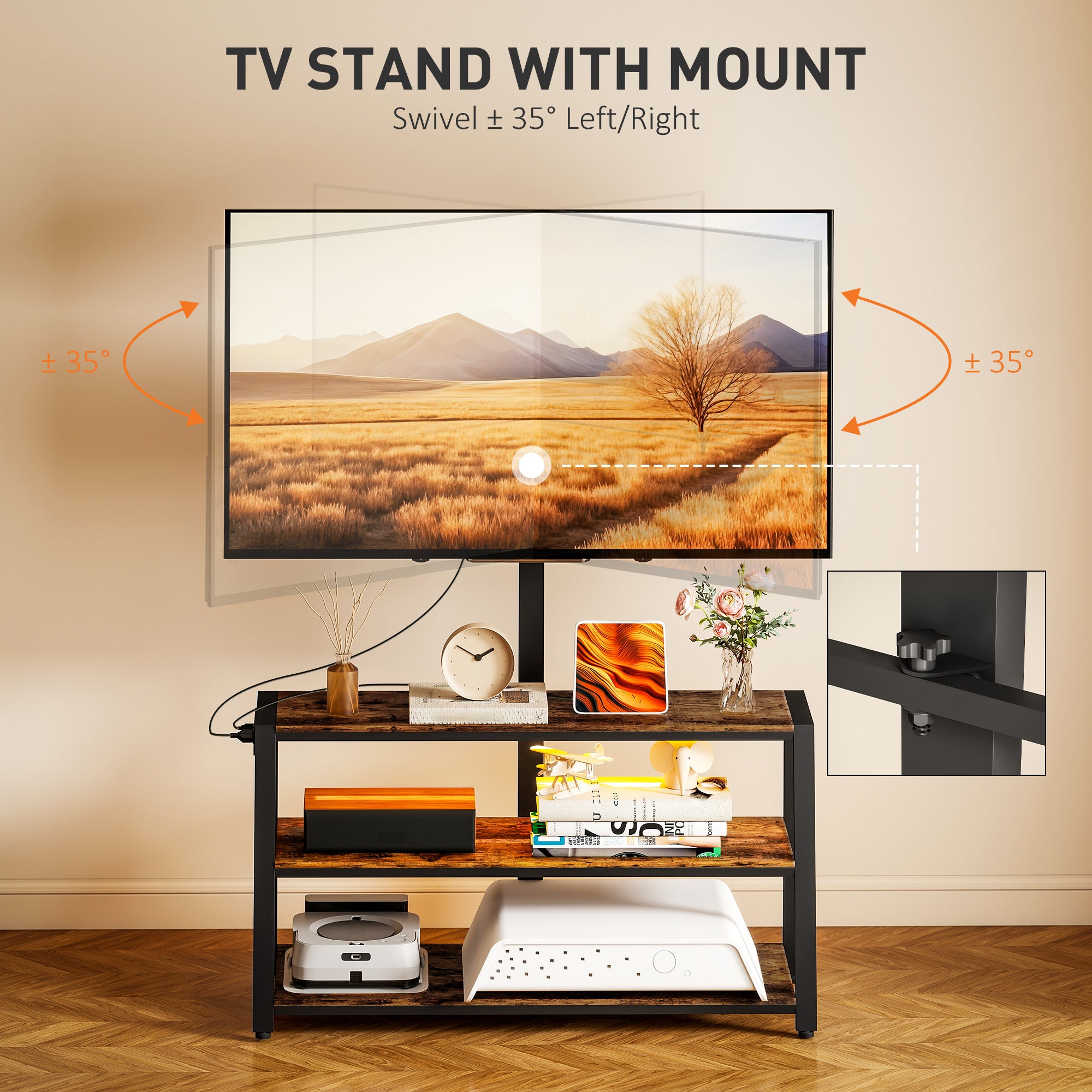 Bay TV Stand with Mount and Power Outlet, Swivel TV Stand Mount with LED Lights for 32-70 Inch TVs for Living Room, Bedroom