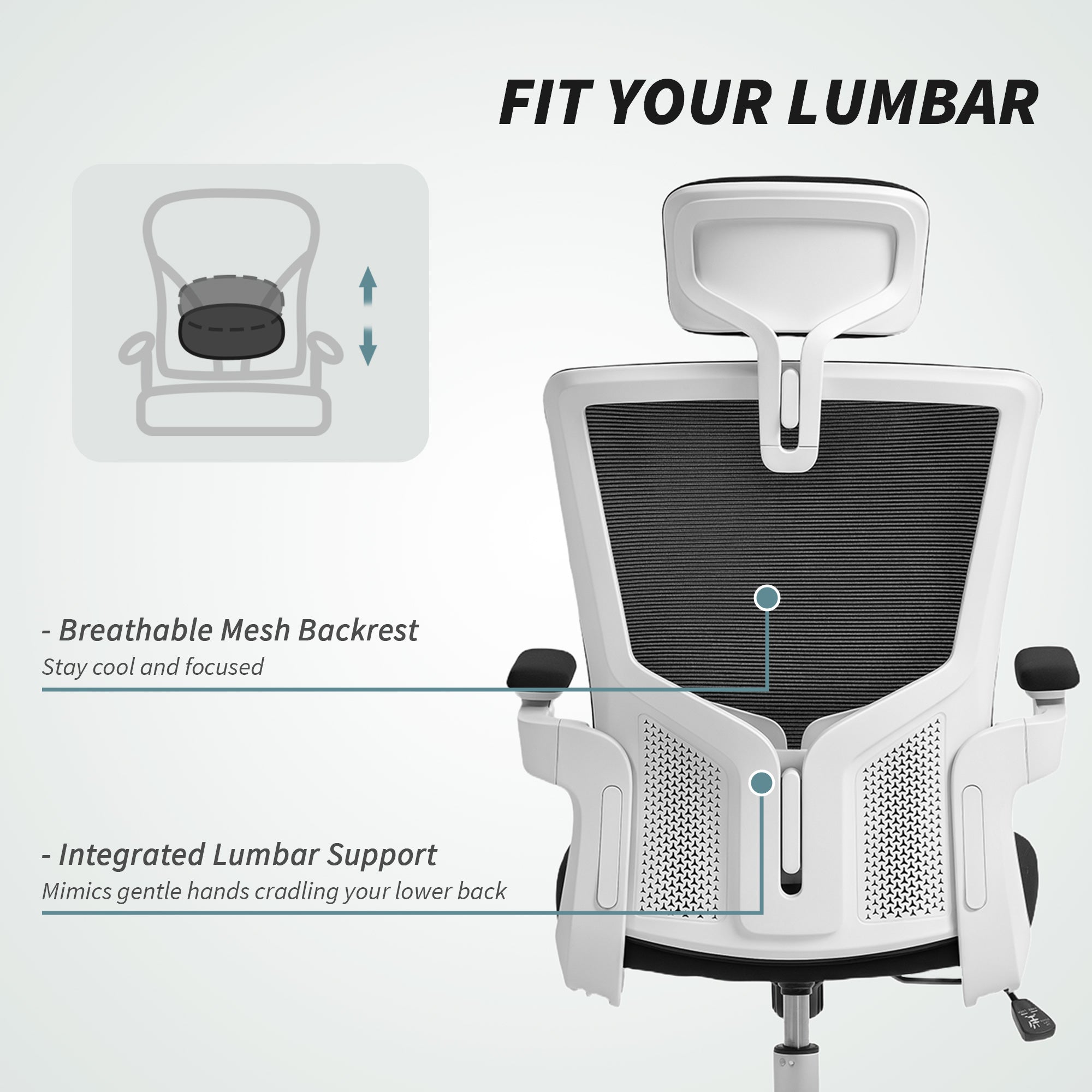 Andre Ergonomic Office Chair, Swivel Desk Chair with Adjustable Lumbar Support, Headrest and Height, Flip-up Armrests, Black