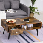 Omari Retro Coffee Table with Storage Shelf and Drawer for Living Room, Vintage Wooden Sofa Side Table, Rustic Brown