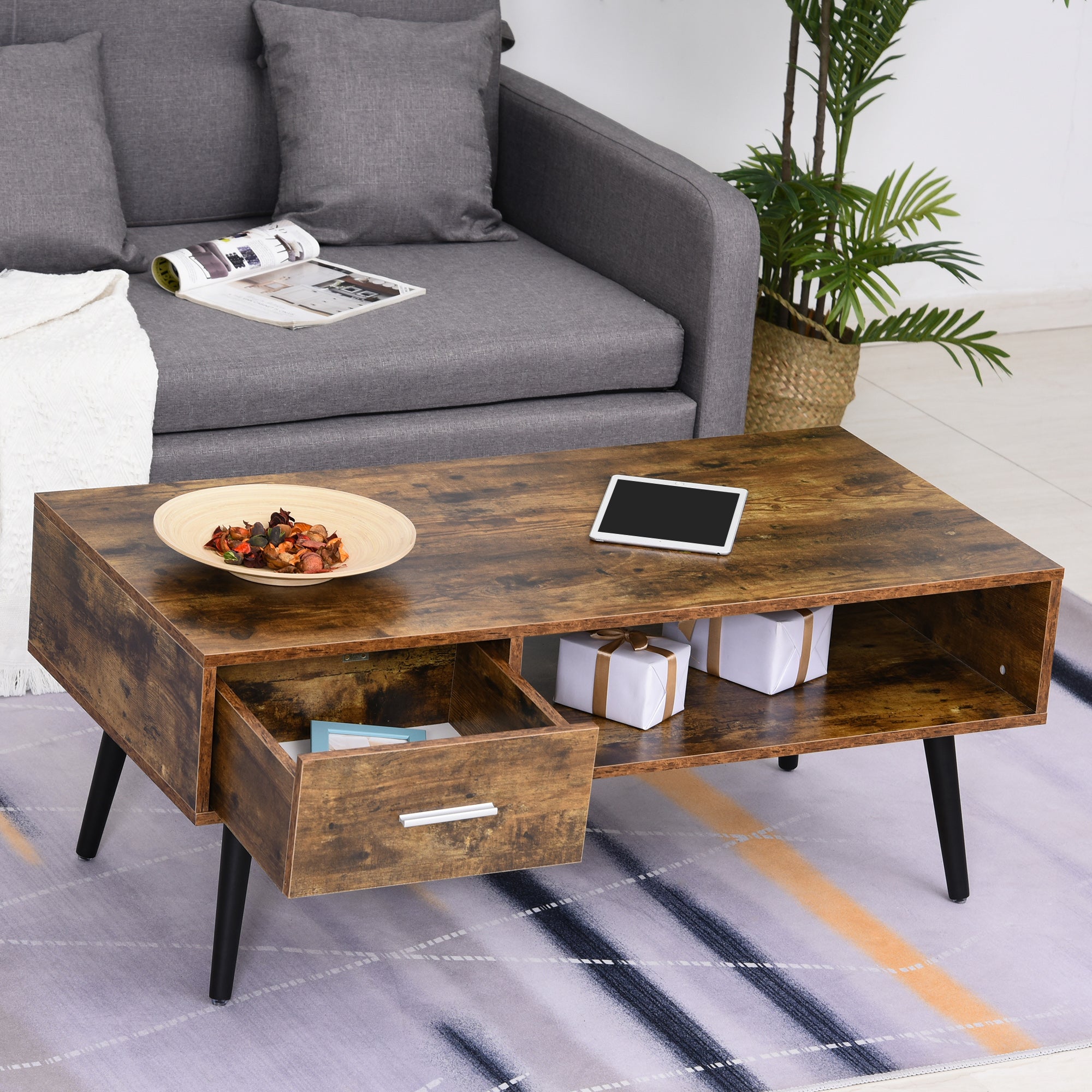 Omari Retro Coffee Table with Storage Shelf and Drawer for Living Room, Vintage Wooden Sofa Side Table, Rustic Brown