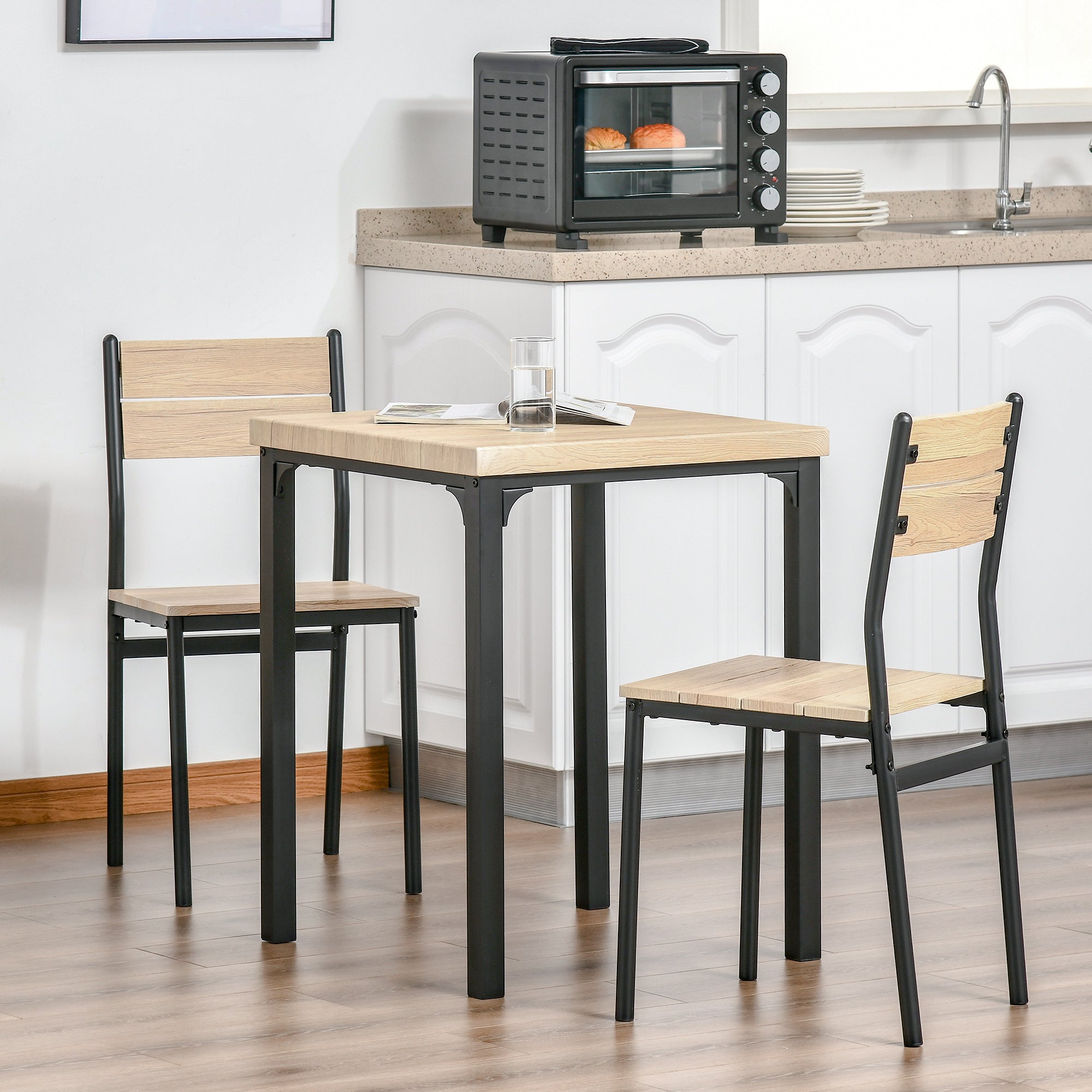 Kurt Dining Table Set for 2, 3 Piece Kitchen Table and Chairs with Metal Legs for Small Spaces, Natural Wood