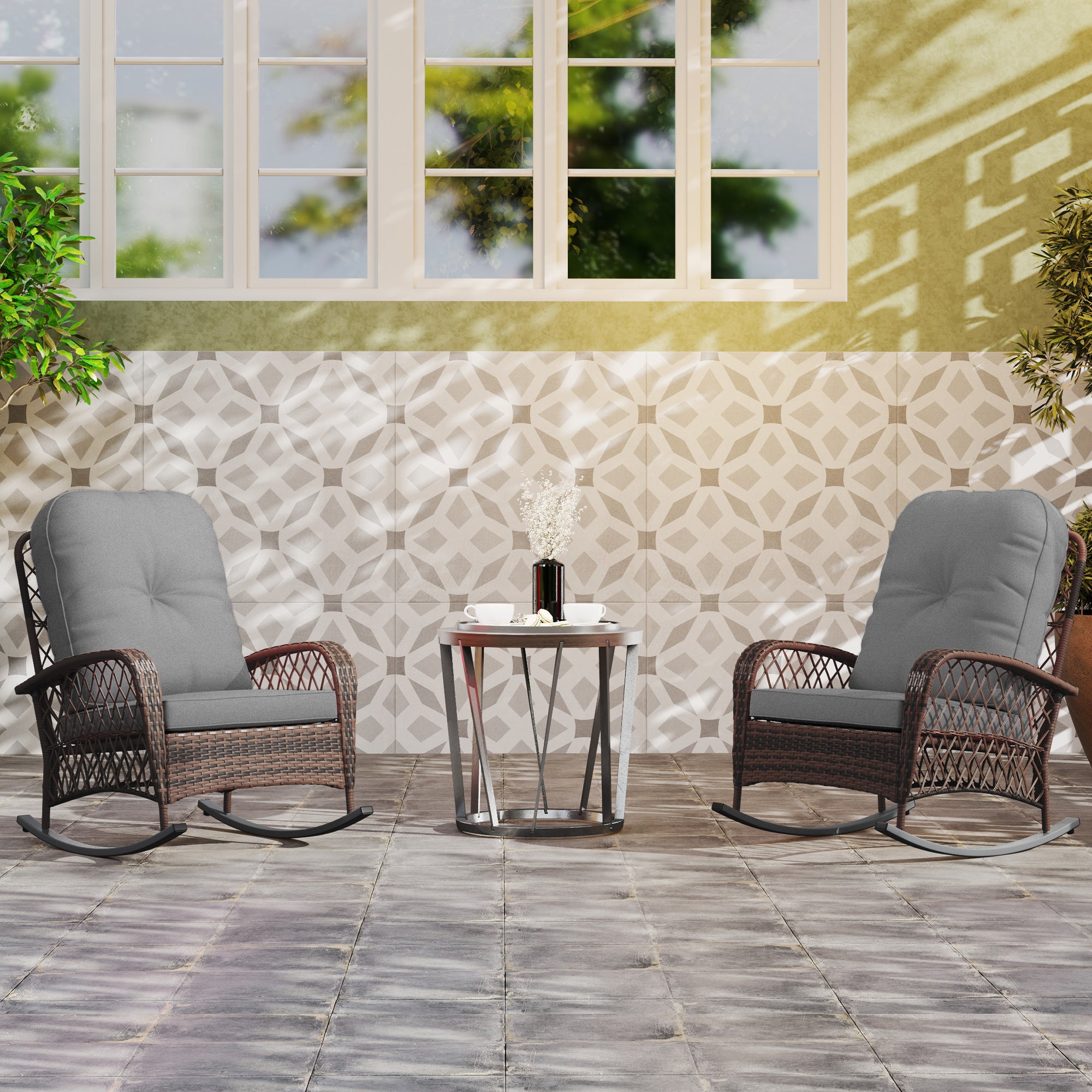 Oxlade Outdoor Rattan Wicker Rocking Chair with Thick Cushions-Set of 2-Grey