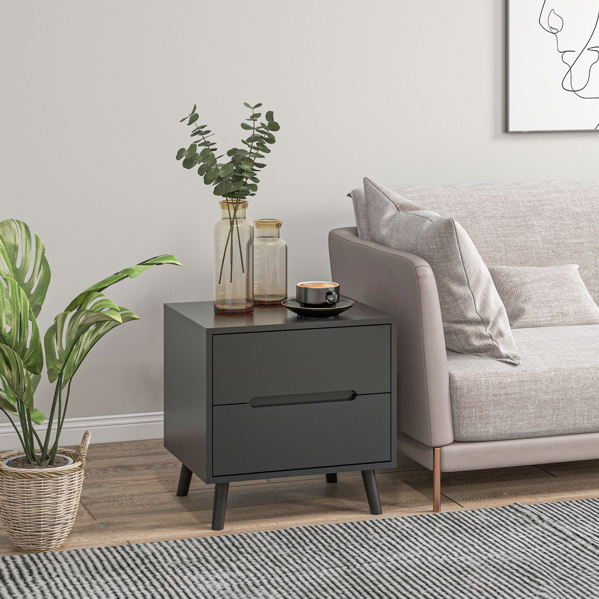Willow Modern Nightstand with 2 Drawers, Bed End Table with Solid Wood Legs for Bedroom