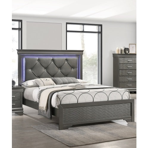Dark Gray Faux Leather Tufted Queen Bed with LED — Modern Luxury for Your Bedroom
