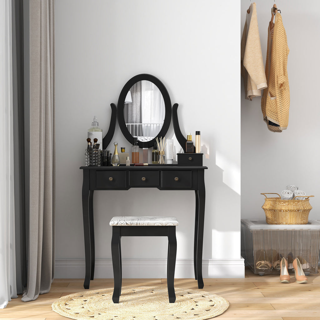 Emma Vanity Desk with Stool, Makeup Vanity with 360° Rotating Oval Mirror, 5 Drawers and Padded Seat, Dressing Table for Bedroom, Black