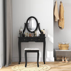 Emma Vanity Desk with Stool, Makeup Vanity with 360° Rotating Oval Mirror, 5 Drawers and Padded Seat, Dressing Table for Bedroom, Black