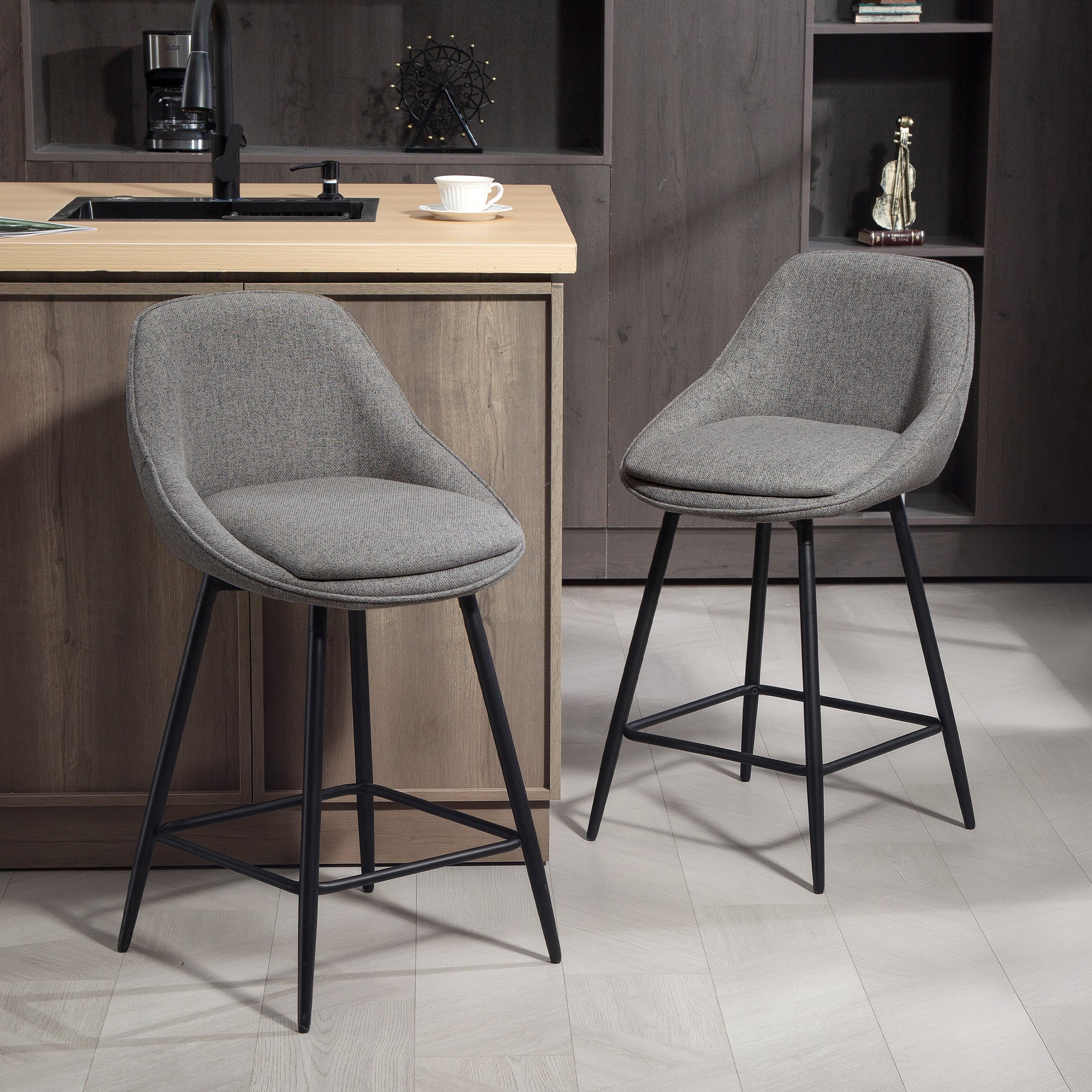 Reece 26" Counter Height Barstools Set of 2, Upholstered Swivel Bar Stools with Backrests and Armrests, Dark Grey