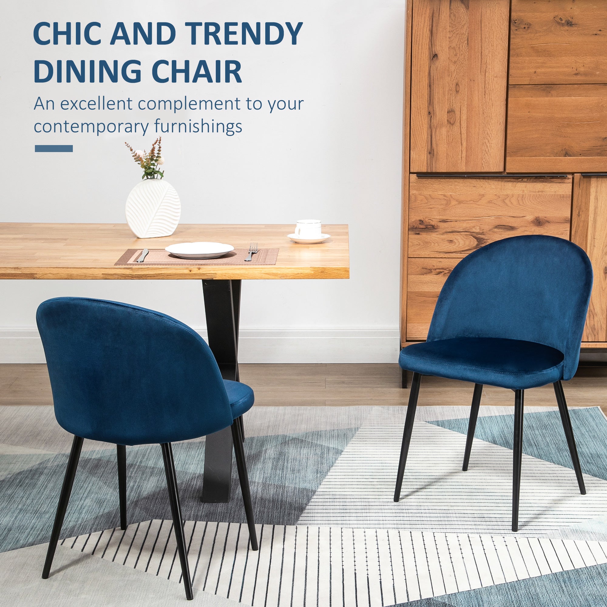 Dylan Set of 2 Mid-Back Dining Chair, Mid-Back Velvet-touch Upholstery Kitchen Chair for Living Room Dining Room, Dark Blue