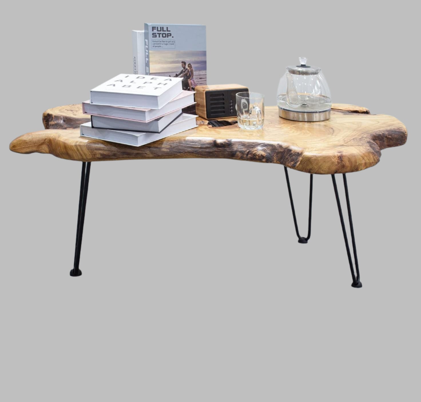 Handcrafted Modern Coffee Table with Natural Wood Edge and Hairpin Legs