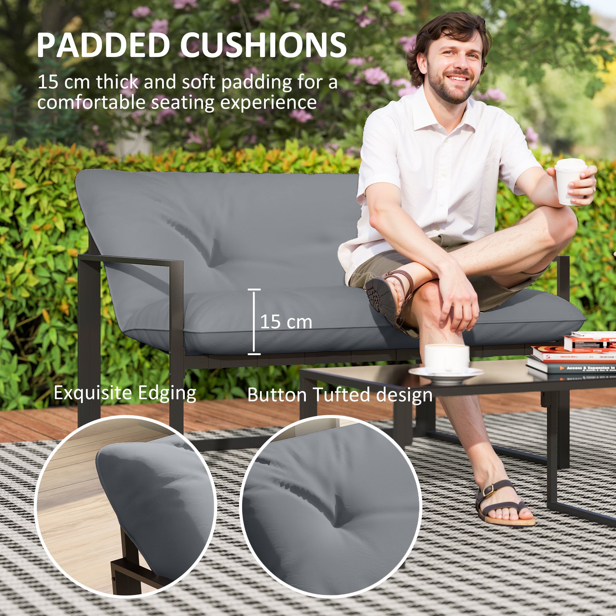 Alfie 4 Piece Patio Conversation Set with Tempered Glass Table-Grey
