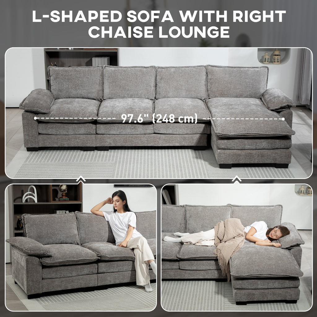 GABI Sectional RHF with Chaise Lounge, Chenille L-shaped Couch with Double-layer Seat Cushion for Living Room, Grey