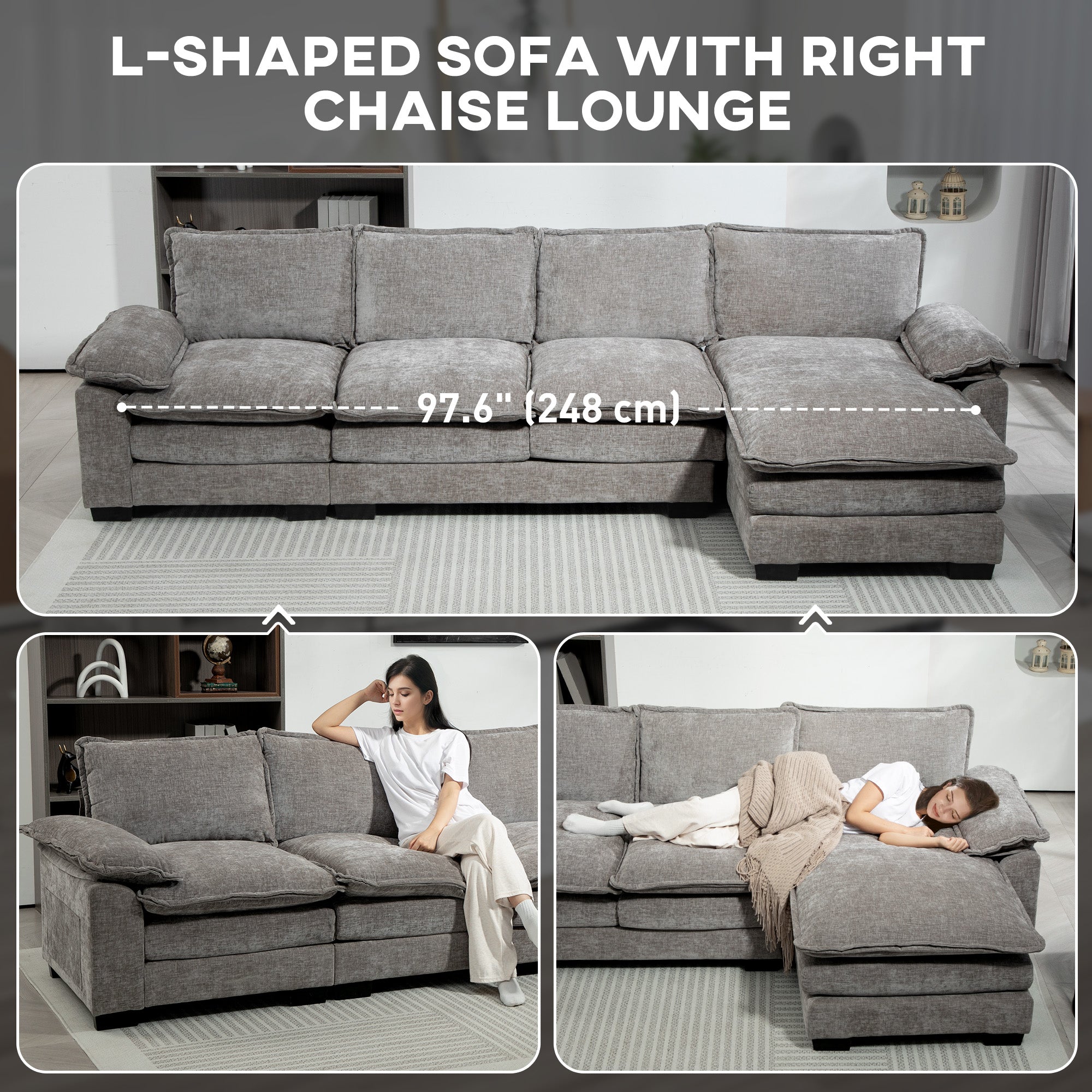 GABI Sectional RHF with Chaise Lounge, Chenille L-shaped Couch with Double-layer Seat Cushion for Living Room, Grey