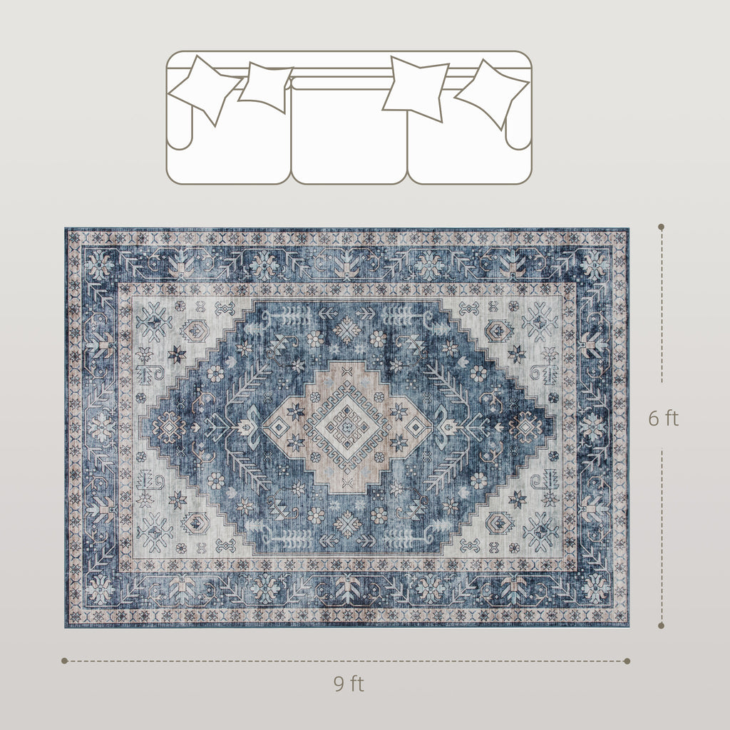 Brady 6x9 Vintage Machine Washable and Non-Slip Floor Area Rug-Blue