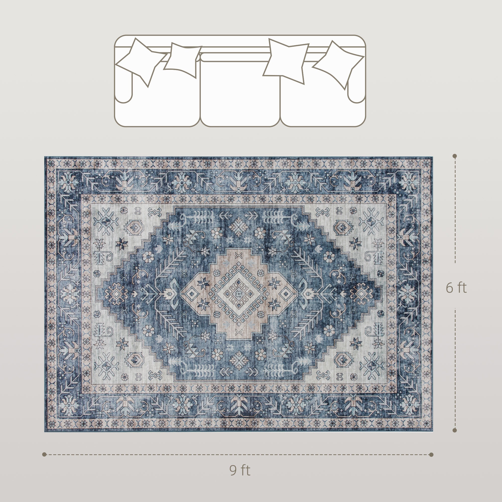 Brady 6x9 Vintage Machine Washable and Non-Slip Floor Area Rug-Blue