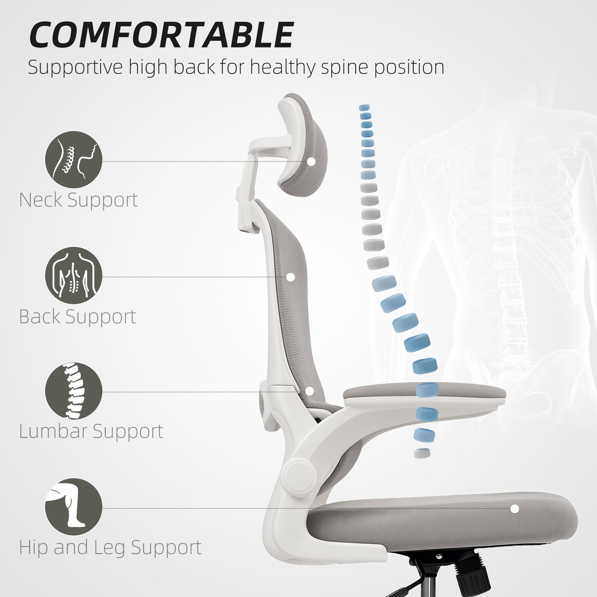 Owen Ergonomic Mesh Office Chair, High Back Desk Chair with Rotatable Headrest, Flip-Up Armrests, Lumbar Support, Grey