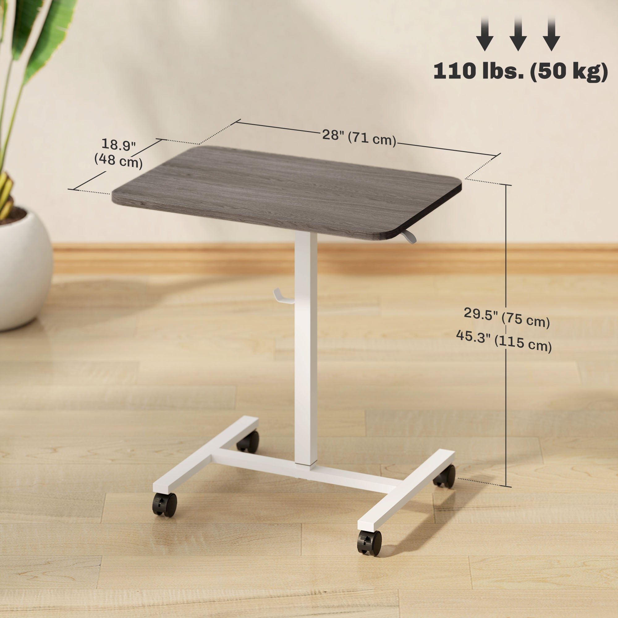 Eden Height Adjustable Standing Desk, Pneumatic Sit Stand Desk with Wheels and Headphone Hook for Home Office, Grey