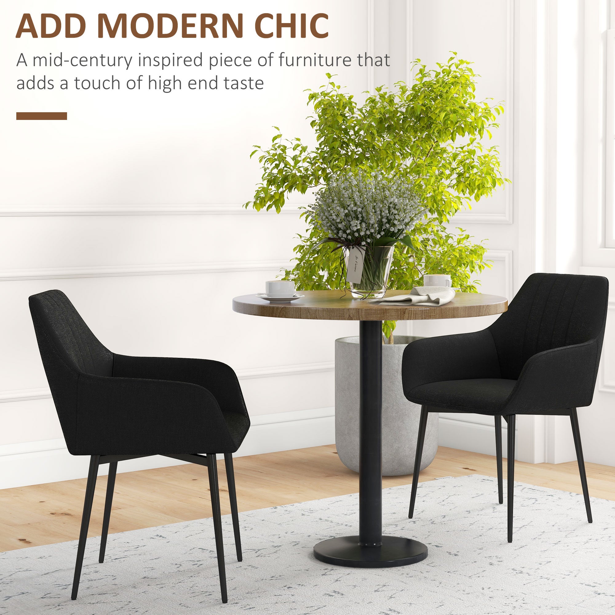 Robbie Dining Chairs Set of 2, Upholstered Linen Fabric Accent Chairs with Metal Legs, Black