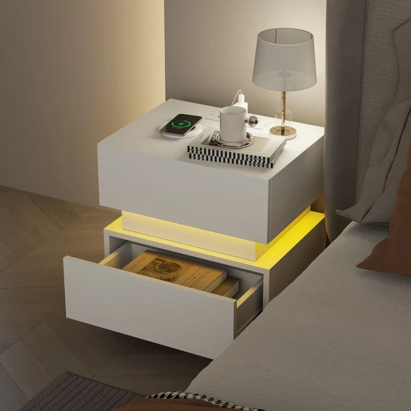 Emma Bedside Table with Charging Station and LED Light Modern Nightstand with USB Ports AC Outlets Drawers Remote, White