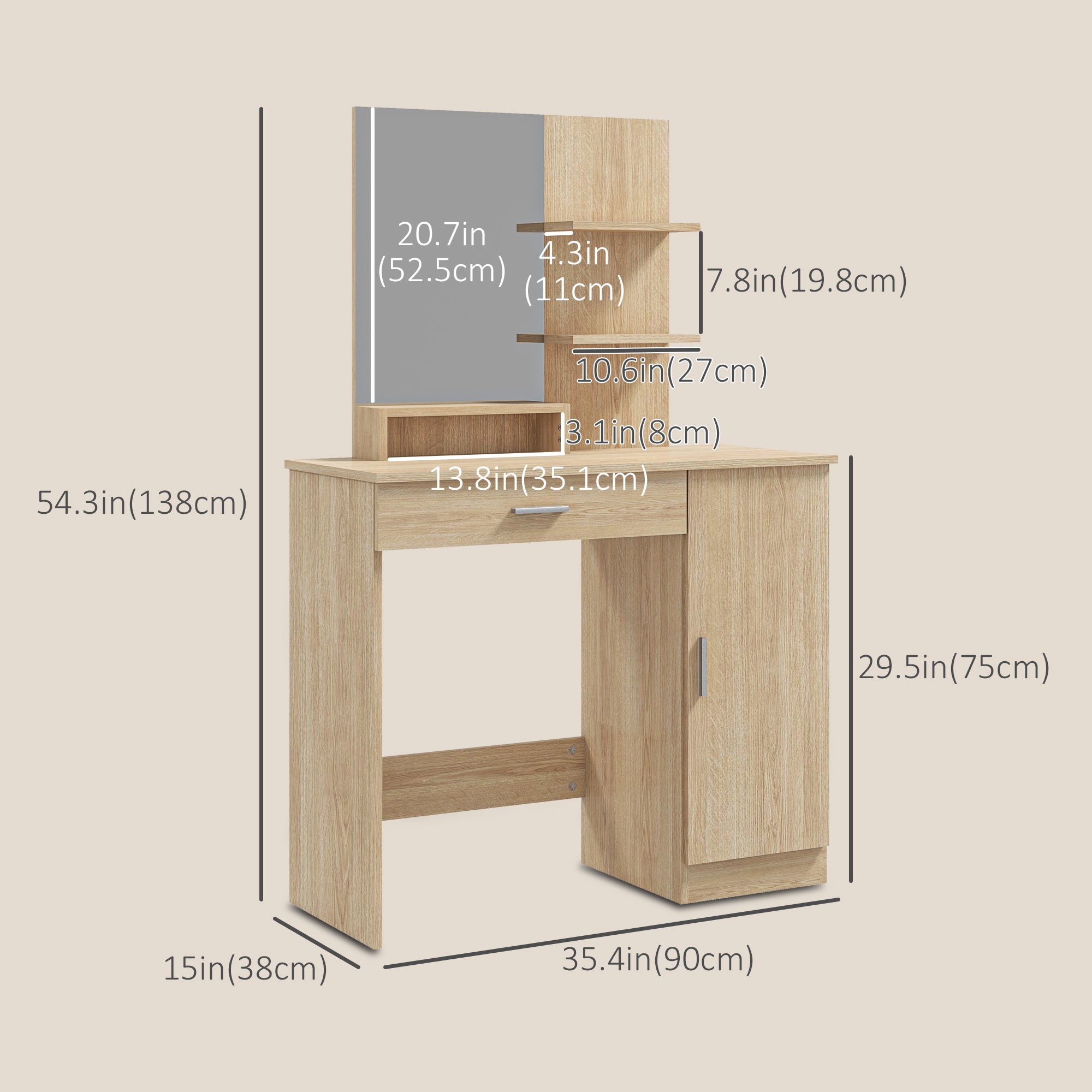 Evelyn Vanity Desk with Mirror, Makeup Vanity w/ Drawer, Open Compartment and Shelves, Cabinet, Adjustable Shelves for Bedroom-Natural Wood