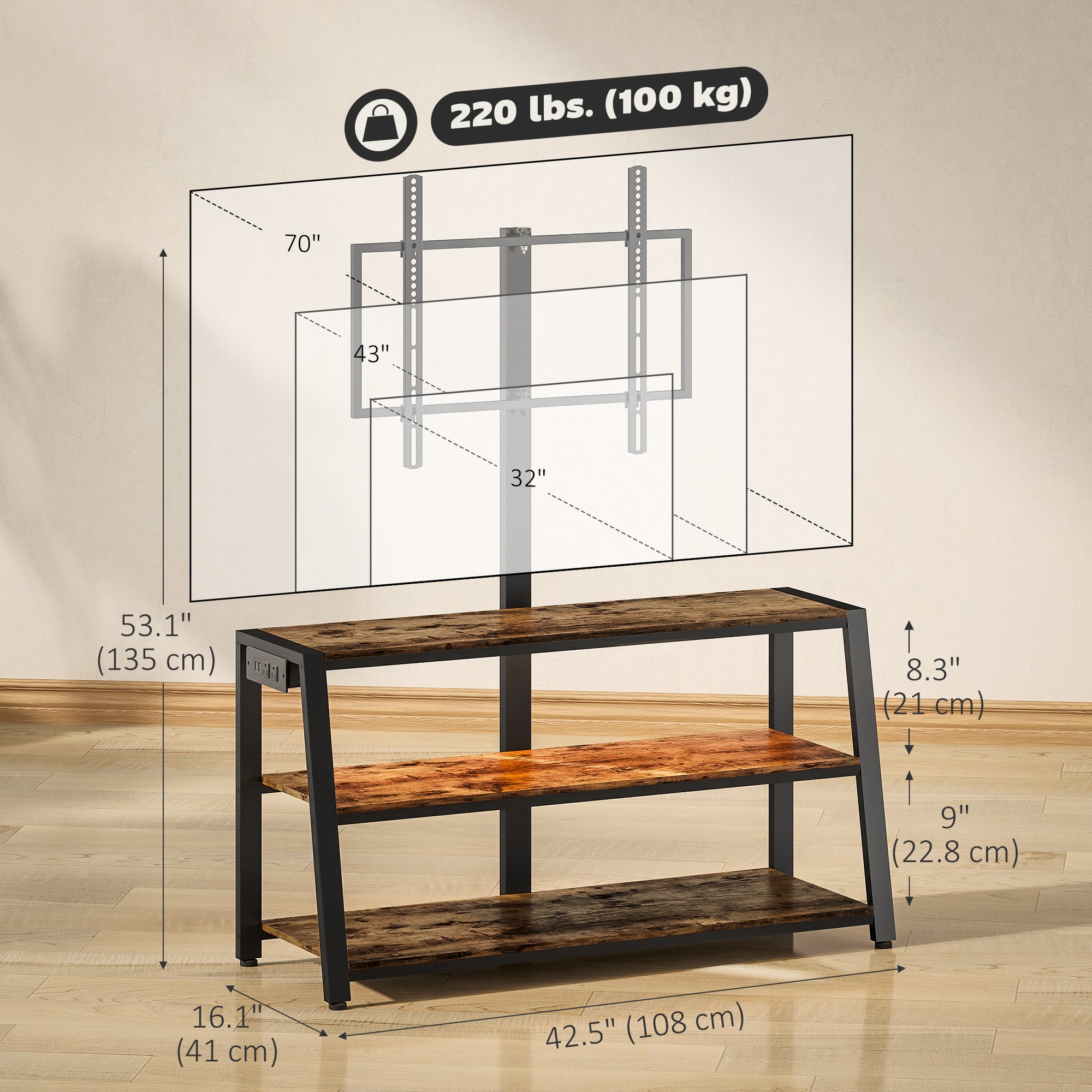 Bay TV Stand with Mount and Power Outlet, Swivel TV Stand Mount with LED Lights for 32-70 Inch TVs for Living Room, Bedroom