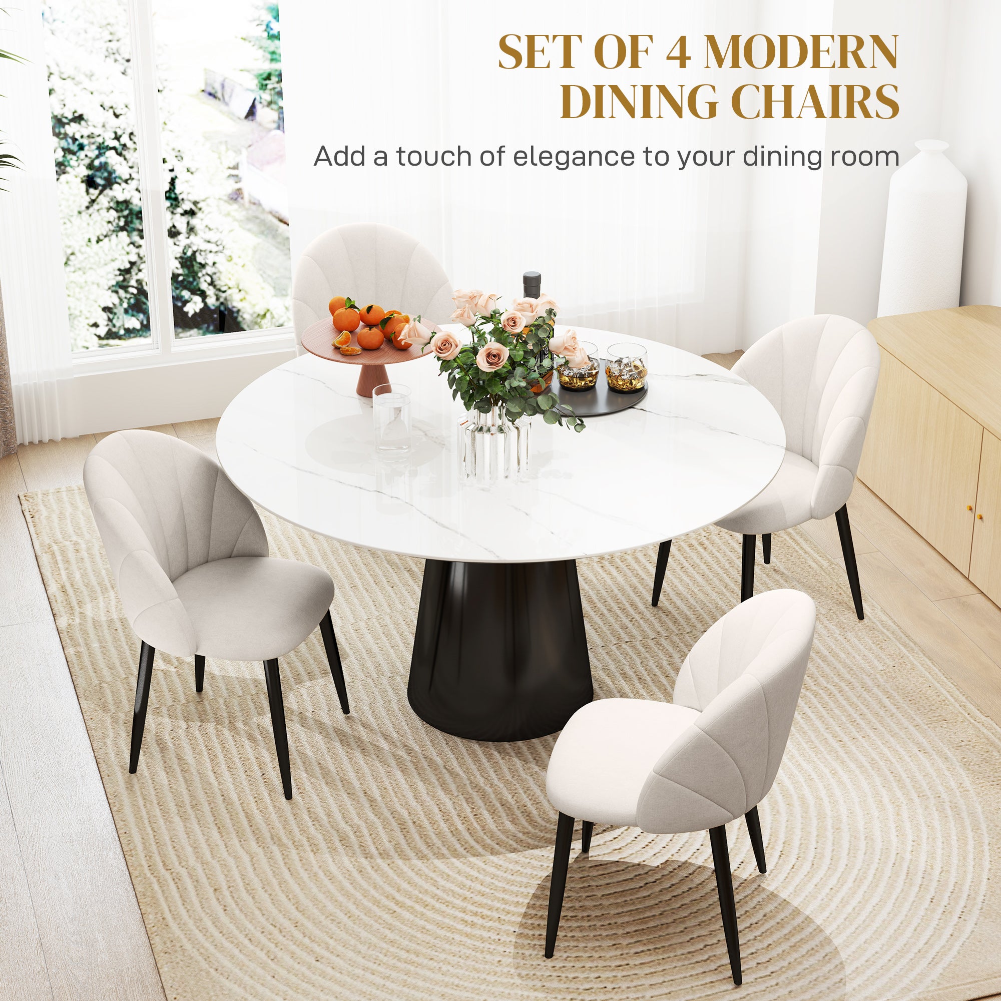 Skylar Modern Dining Chairs Set of 4, Upholstered Dining Room Chairs with Metal Legs, Shell Backrest, Padded Seat, Cream White