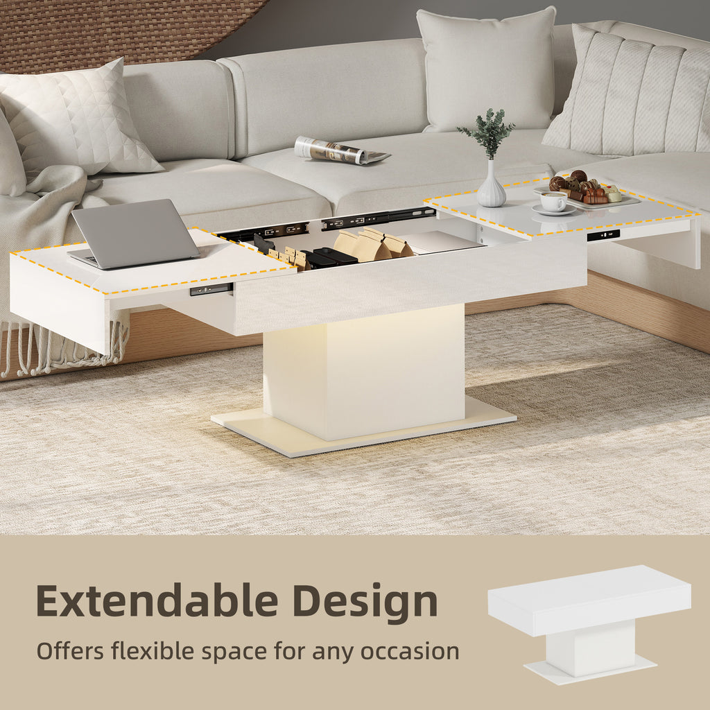 Bryce Extendable Coffee Table with LED Lights, Modern High Gloss Center Table with Hidden Storage for Living Room, White