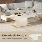 Bryce Extendable Coffee Table with LED Lights, Modern High Gloss Center Table with Hidden Storage for Living Room, White