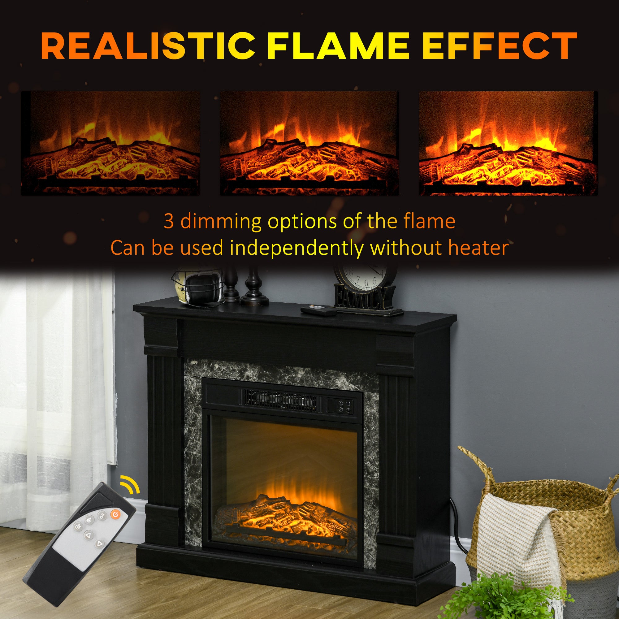 Easton electric fireplace mantel with realistic flame effect and three dimming options.