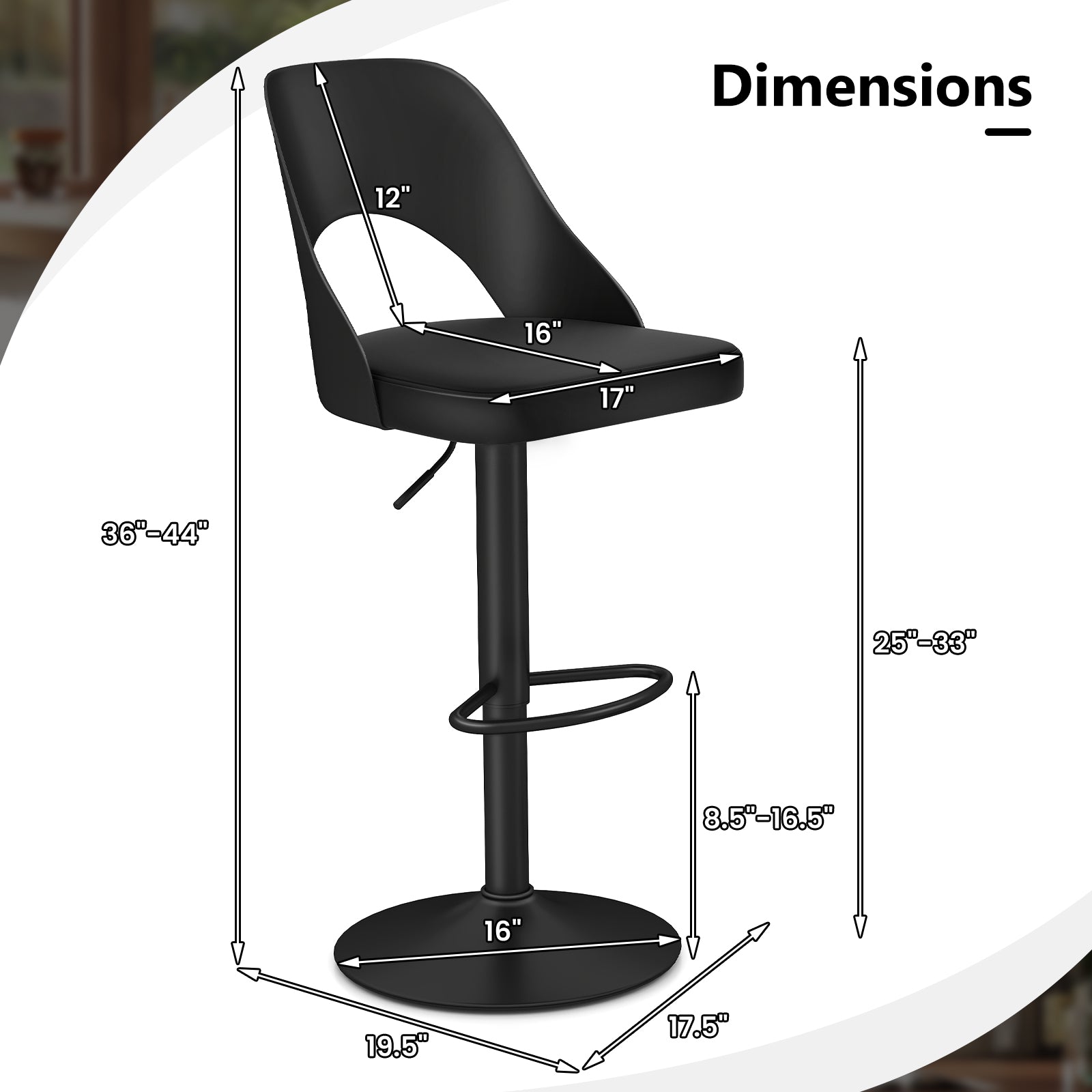 Mason Bar Stools – Set of 2 | Enlarged Vegan Leather Seat, Adjustable Height & 360° Swivel–Black