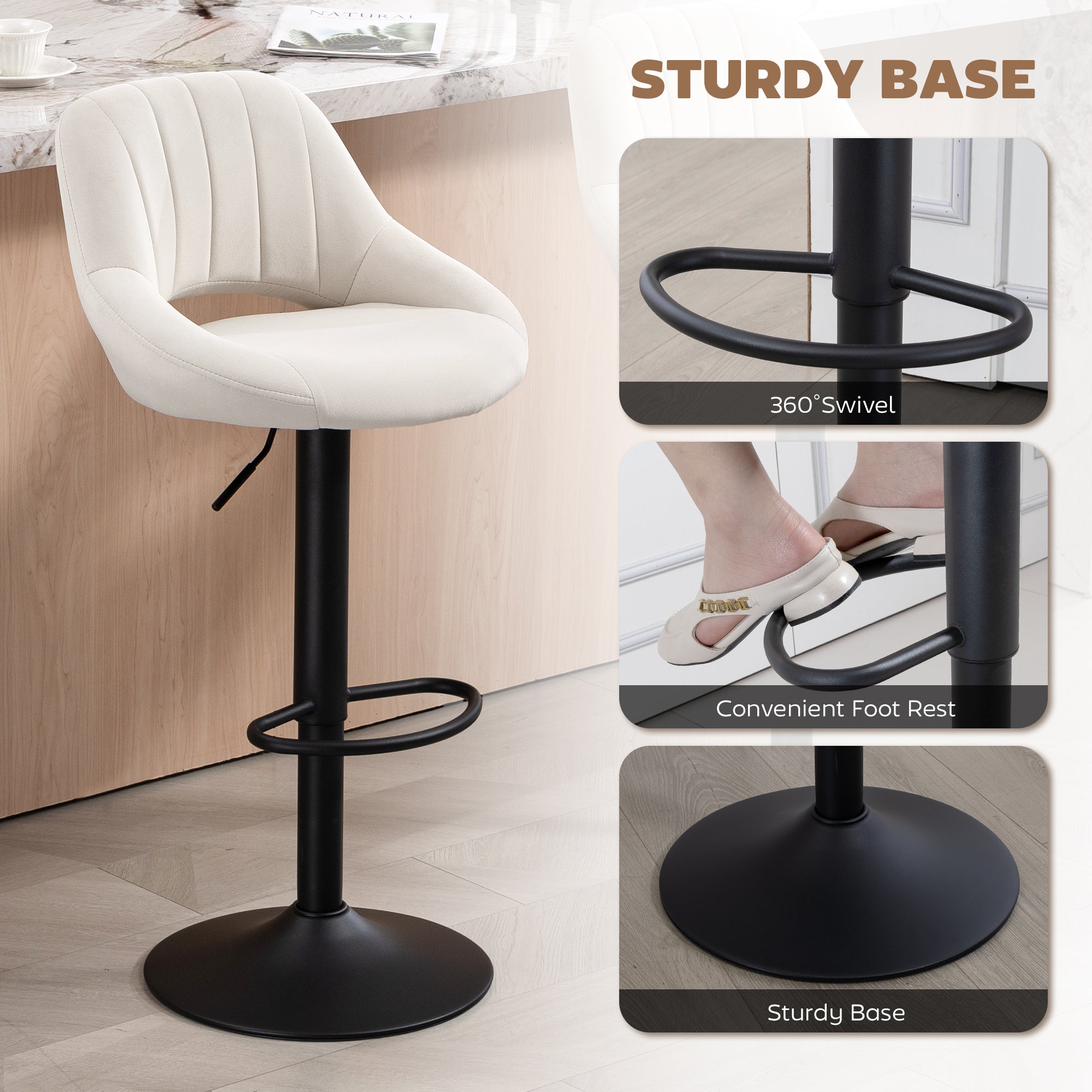 Cody Set of 2 Swivel and Adjustable height Counter/Barstools with Fabric Upholstery-Cream