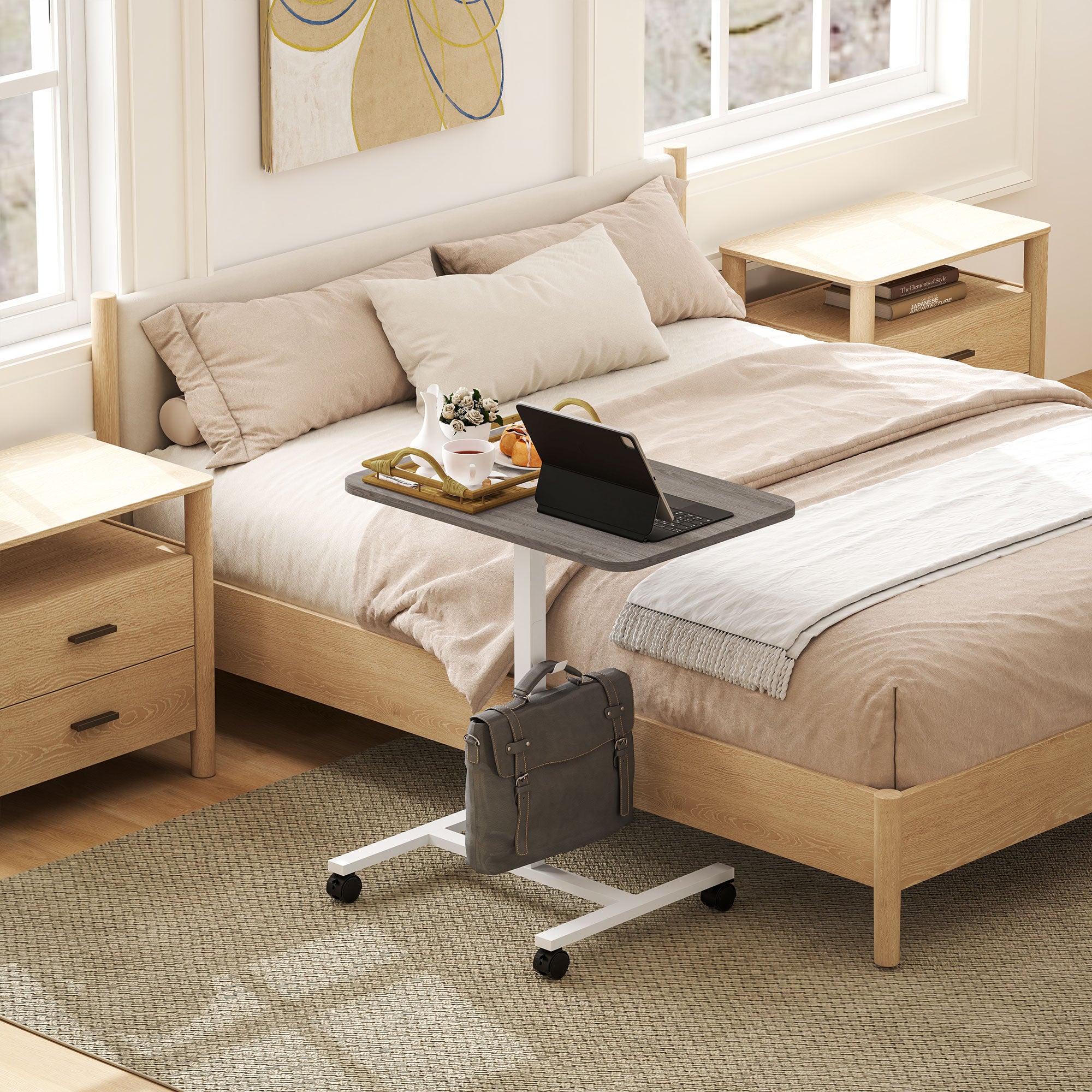 Eden Height Adjustable Standing Desk, Pneumatic Sit Stand Desk with Wheels and Headphone Hook for Home Office, Grey