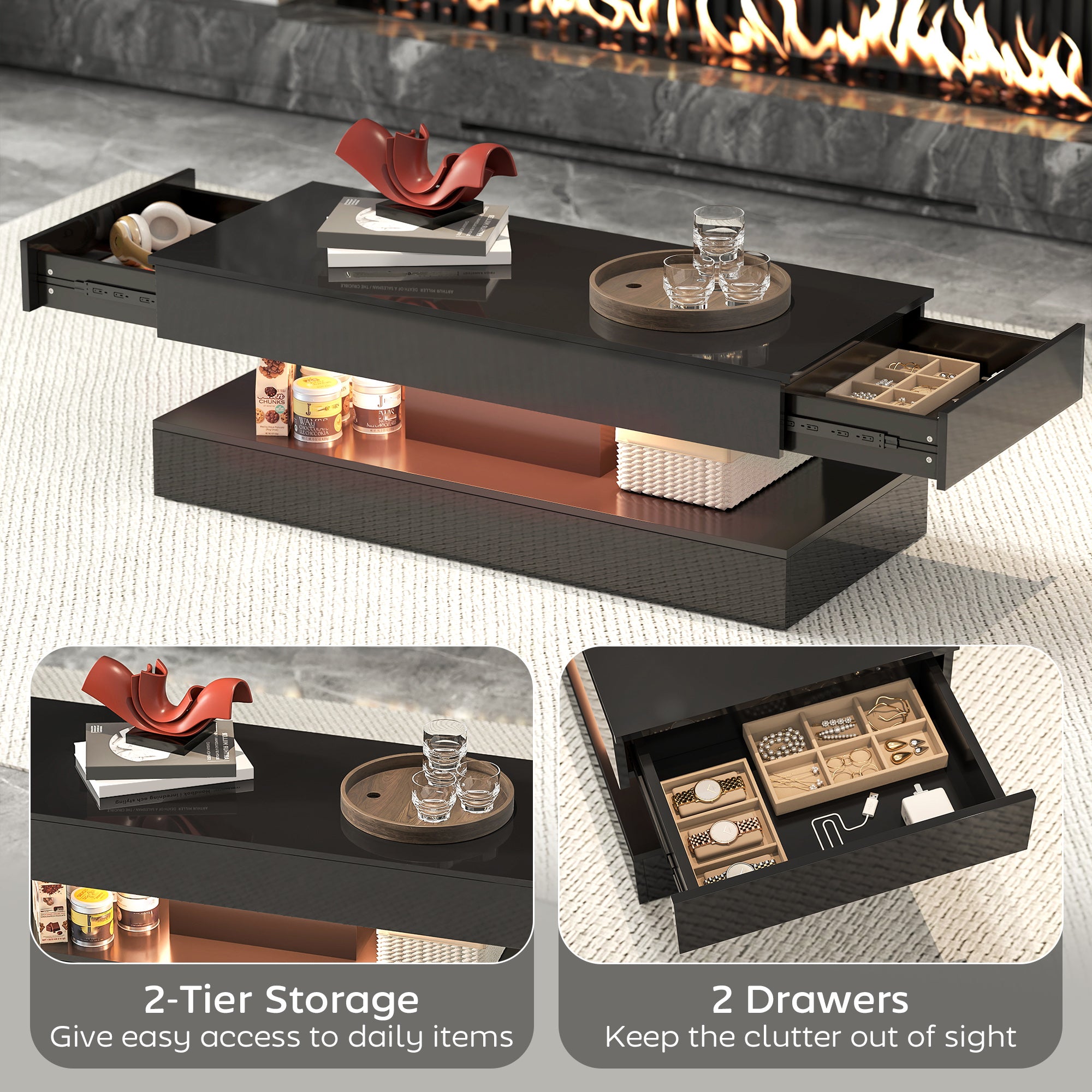 Erin Modern Coffee Table with 2 Drawers and Adjustable LED Lights-High Gloss Black