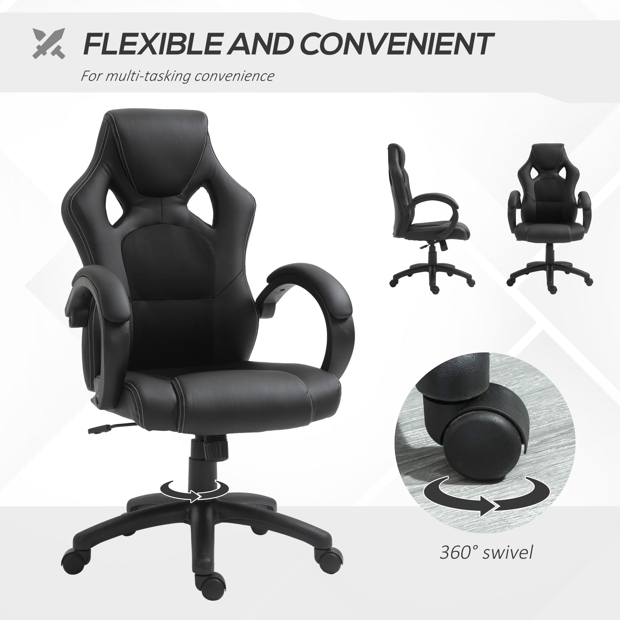 Erling Gaming Chair-Office Chair with Swivel Wheels, Padded Headrest, Tilt Function, Black