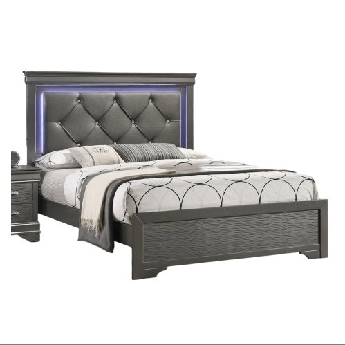 Dark Gray Faux Leather Tufted Queen Bed with LED — Modern Luxury for Your Bedroom