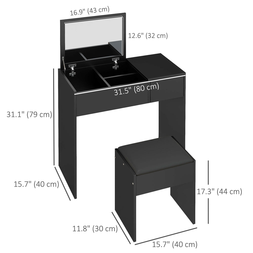 Mia Modern Vanity Set with Flip Top Mirror and Cushioned Stool, Dressing Table with Storage Drawer for Bedroom, Black