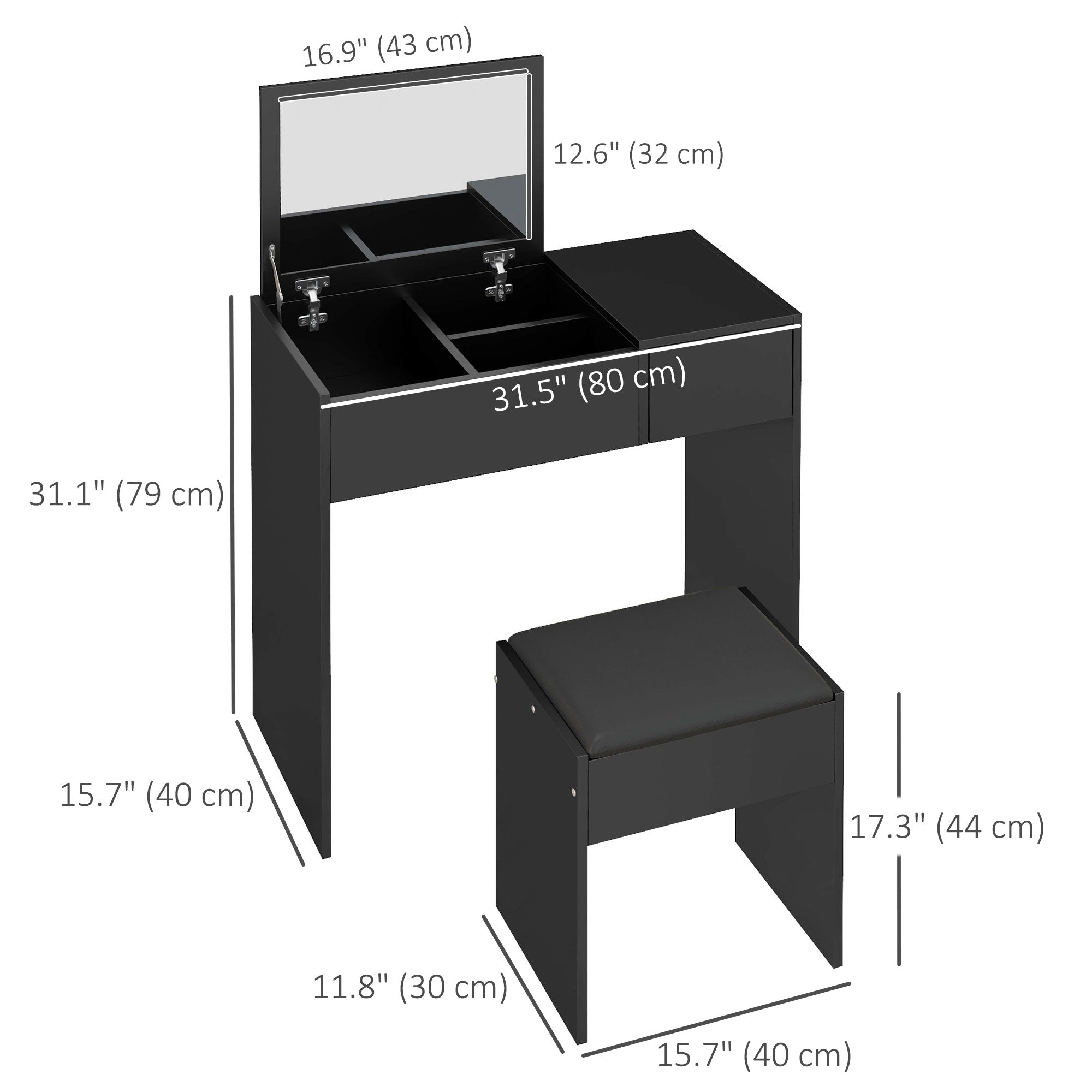 Mia Modern Vanity Set with Flip Top Mirror and Cushioned Stool, Dressing Table with Storage Drawer for Bedroom, Black