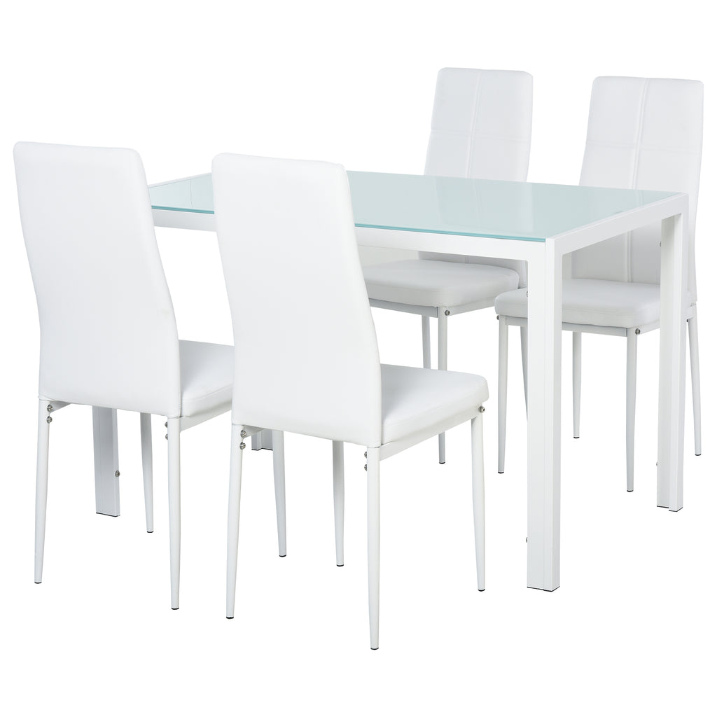 Zaya 5-Piece Rectangular Glass Kitchen Table and Chairs with Metal Frame and Faux Leather Upholstery for Dining Room, White