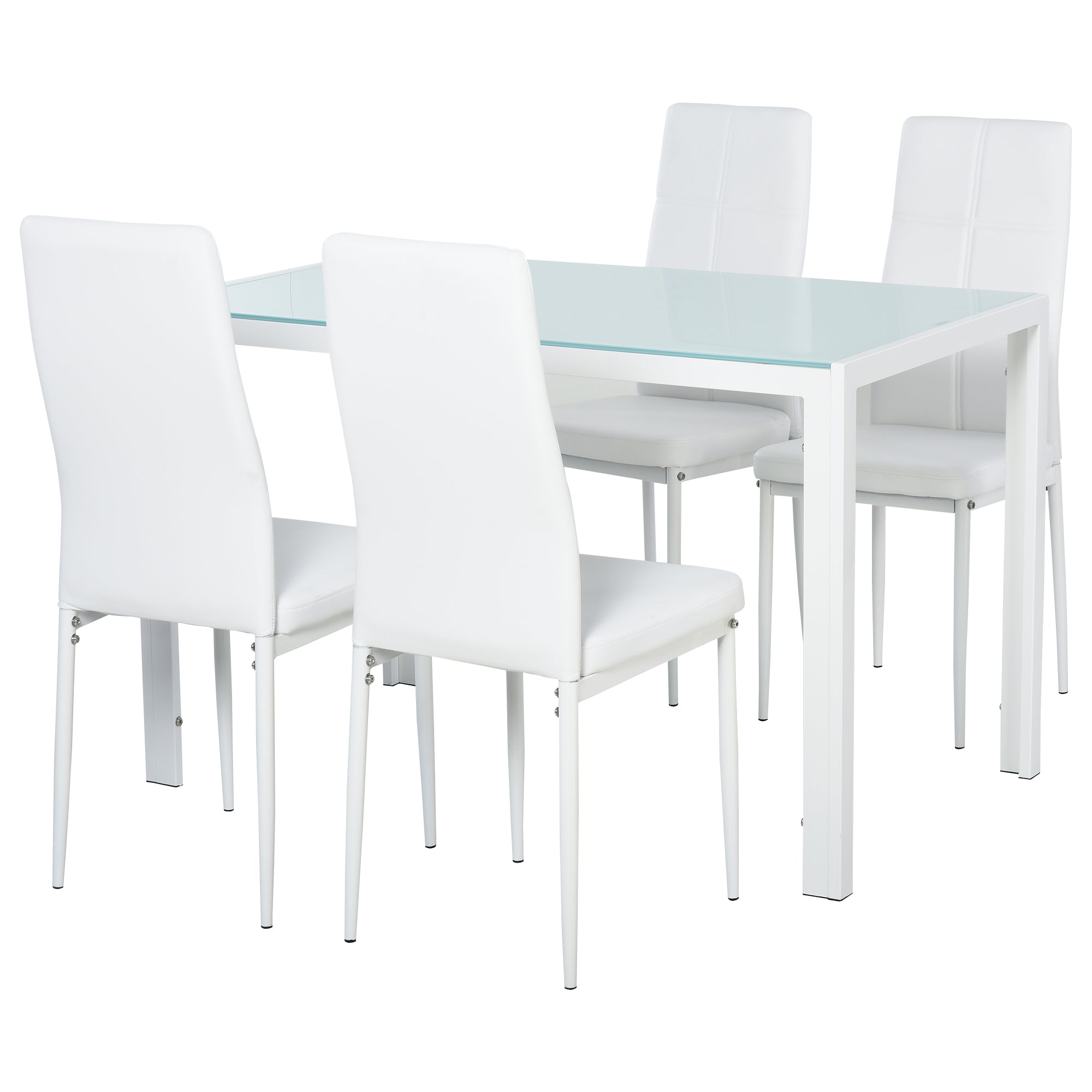 Zaya 5-Piece Rectangular Glass Kitchen Table and Chairs with Metal Frame and Faux Leather Upholstery for Dining Room, White