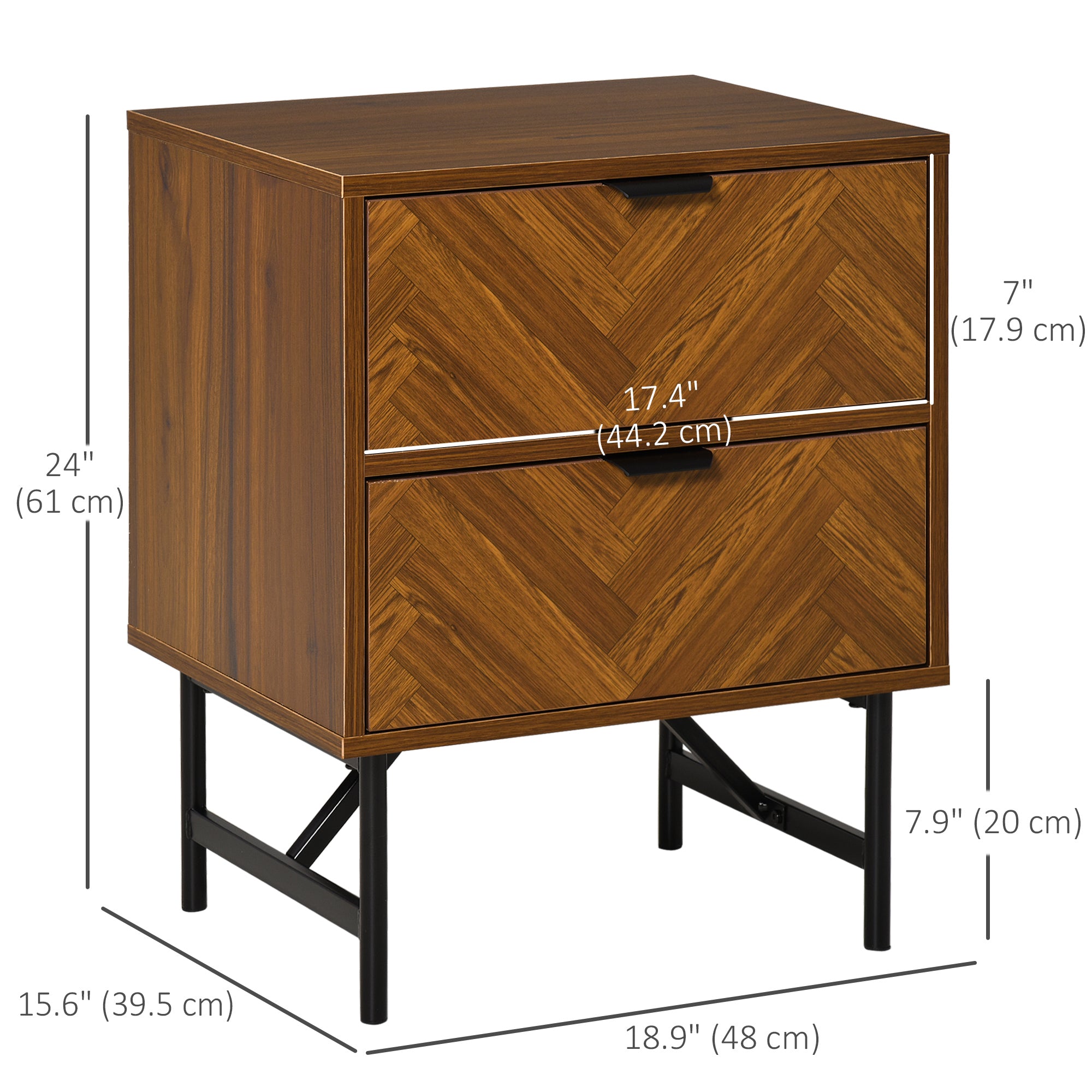 Erik Bedside Table, Nightstand for Bedroom, End Side Table Dresser Storage with 2 Drawers, Walnut Brown