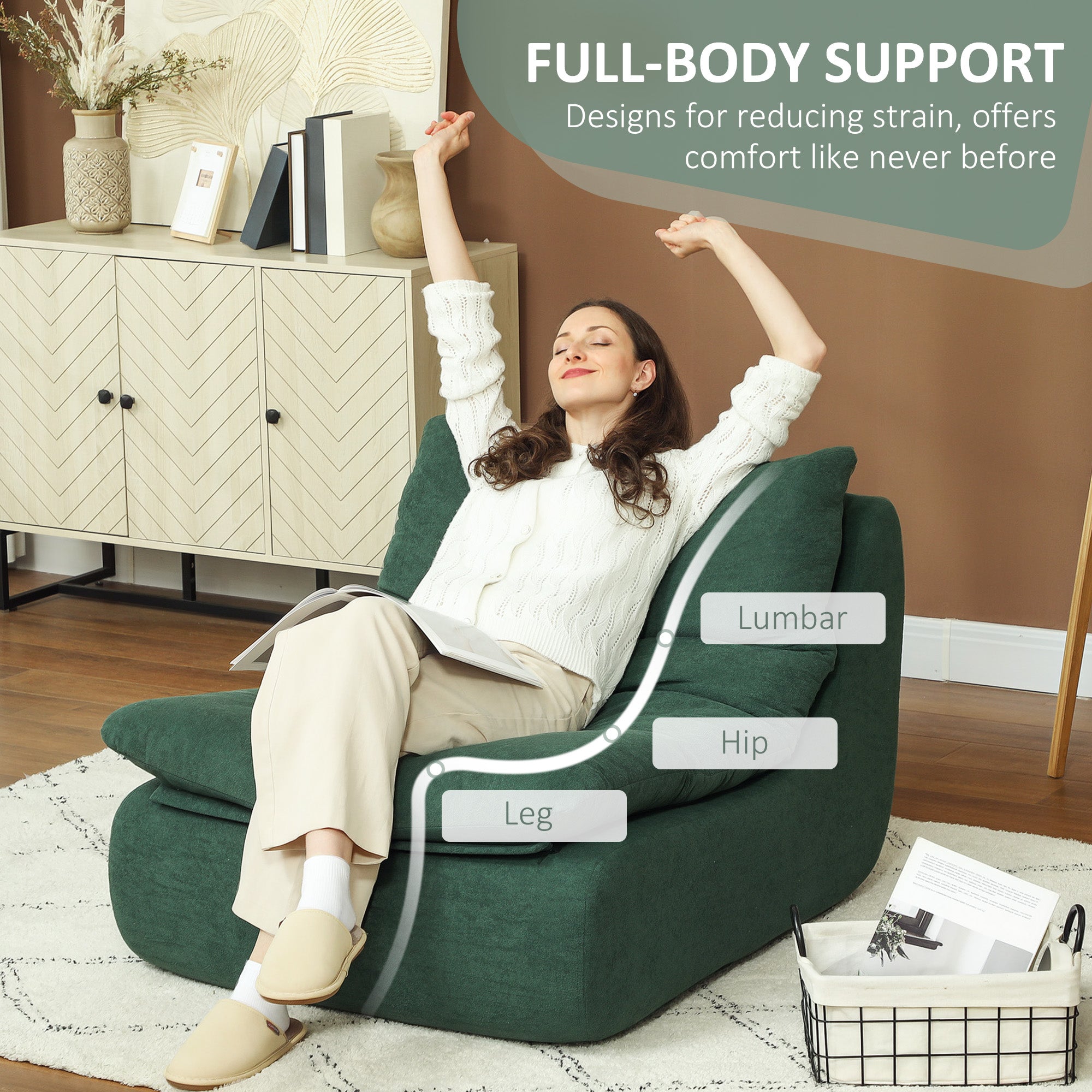 ANDRE Lounger Floor Chair with Single Piece Ultra High-Density Foam, Armless Floor Chair for Living Room, Bedroom, Home Office, Green