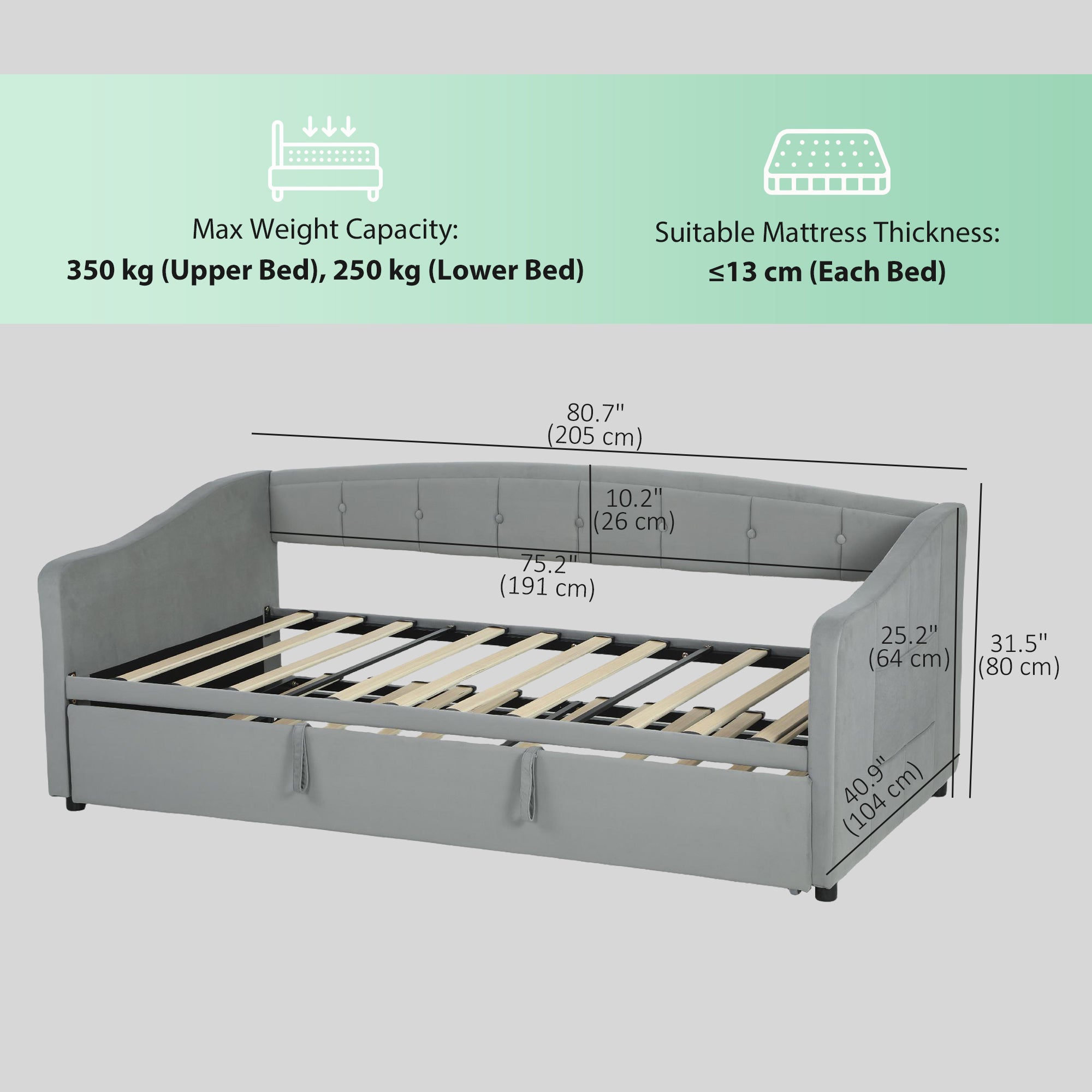 Atlas Upholstered Twin Size Trundle Bed, Velvet Twin to King Day Bed with Pop Up Trundle, Headboard and 2 Pockets-Light Grey