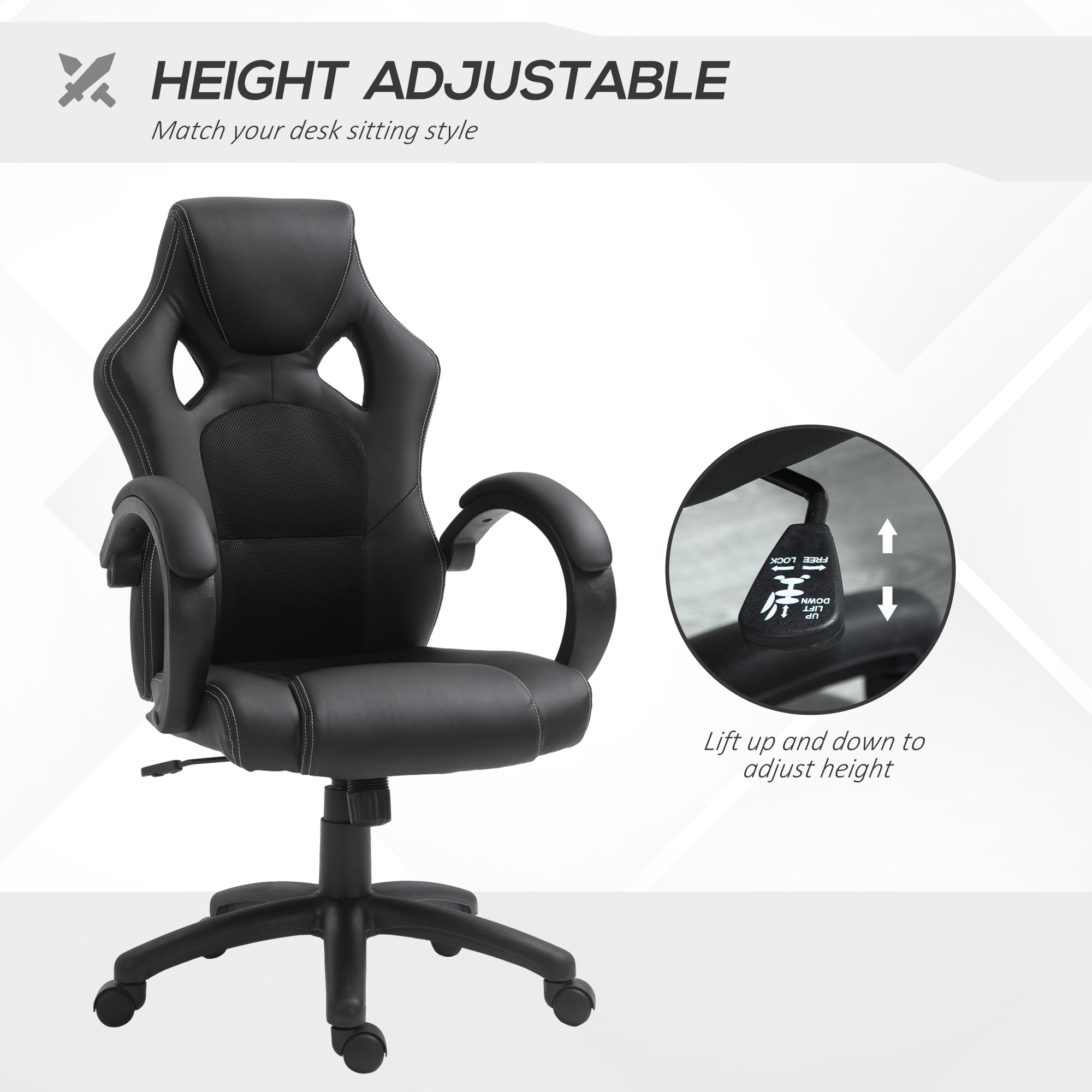 Erling Gaming Chair-Office Chair with Swivel Wheels, Padded Headrest, Tilt Function, Black
