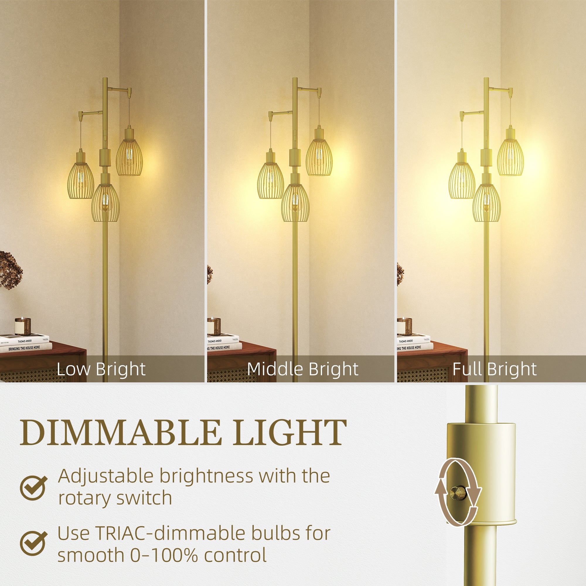 Carmen Dimmable Floor Lamp with 3 Hanging Wire Lampshades-Gold