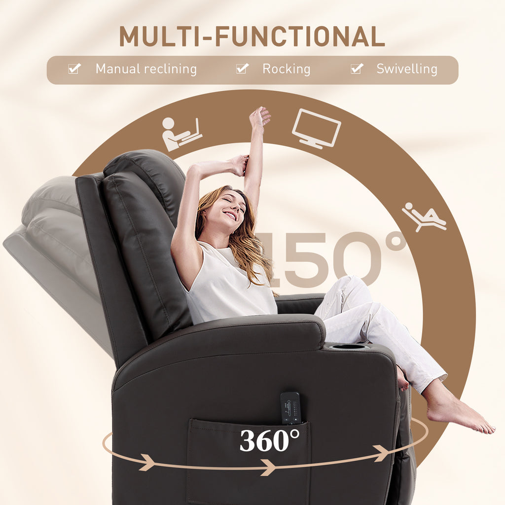 Brady Massage Recliner Chair, Swivel Nursery Rocker Chair, Manual Reclining Sofa with 8 Vibration Points, PU Leather, Cup Holders, Side Pockets, for Living Room, Brown