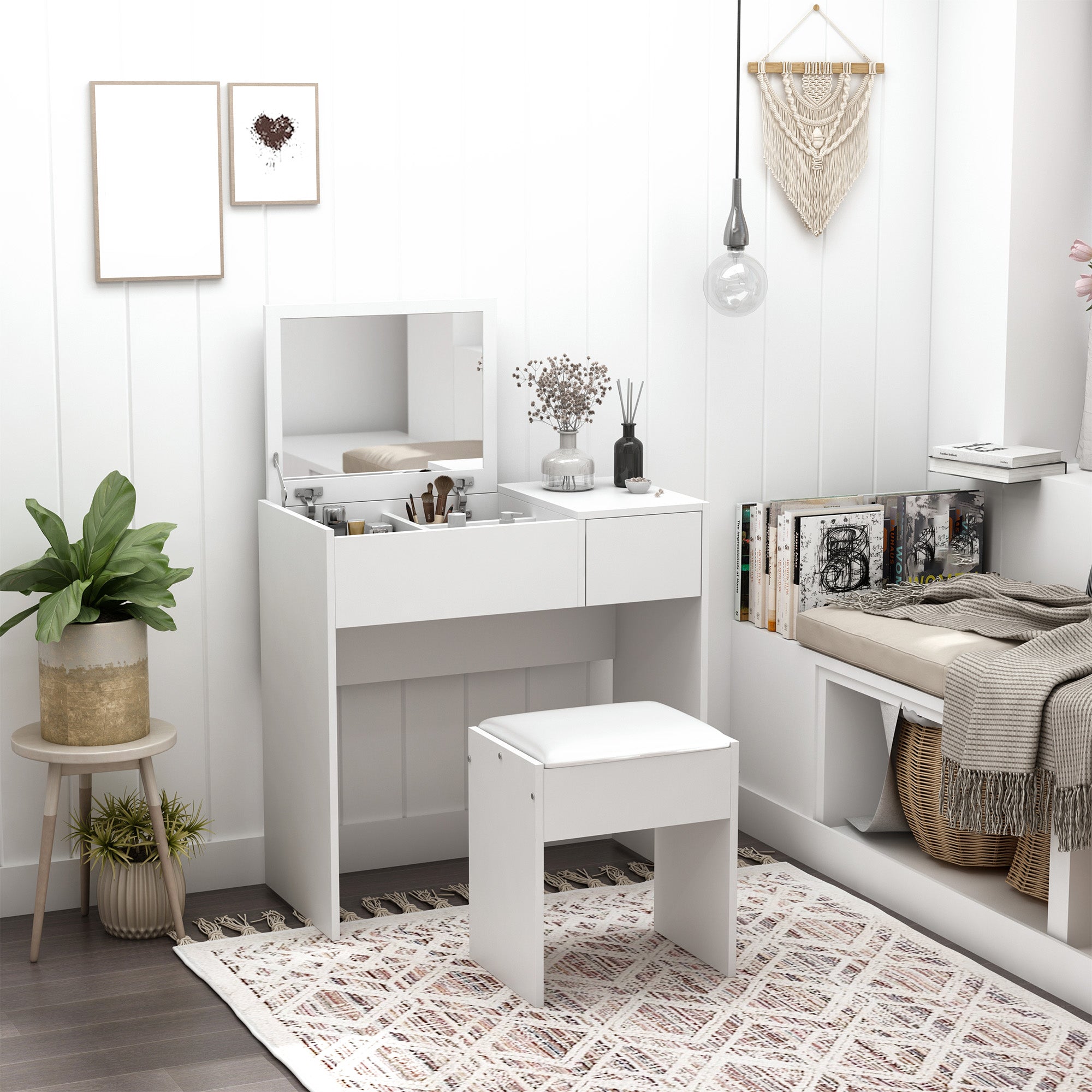 Mia Modern Vanity Set with Flip Top Mirror and Cushioned Stool, Dressing Table with Storage Drawer for Bedroom, White