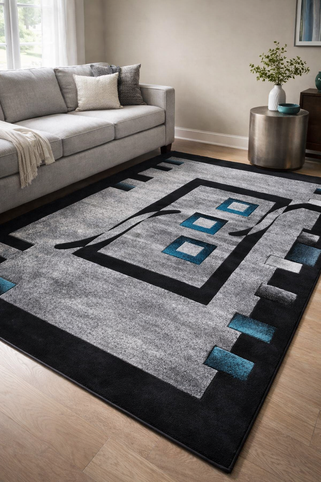 Antonio Modern Gray & Teal Geometric Area Rug 8x10 | Non-Slip Large Living Room Rug | Boho Teal Gray Floor Rug