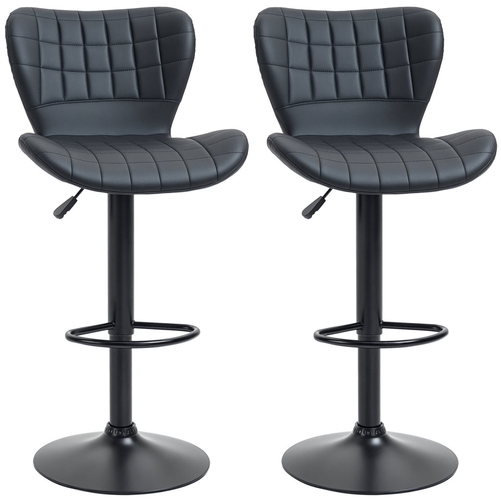 Avion Bar Stools Set of 2, Adjustable Height Swivel Bar Chairs, PU Leather Upholstered Kitchen Counter Stools with Wide Seat, Back and Footrest, Black