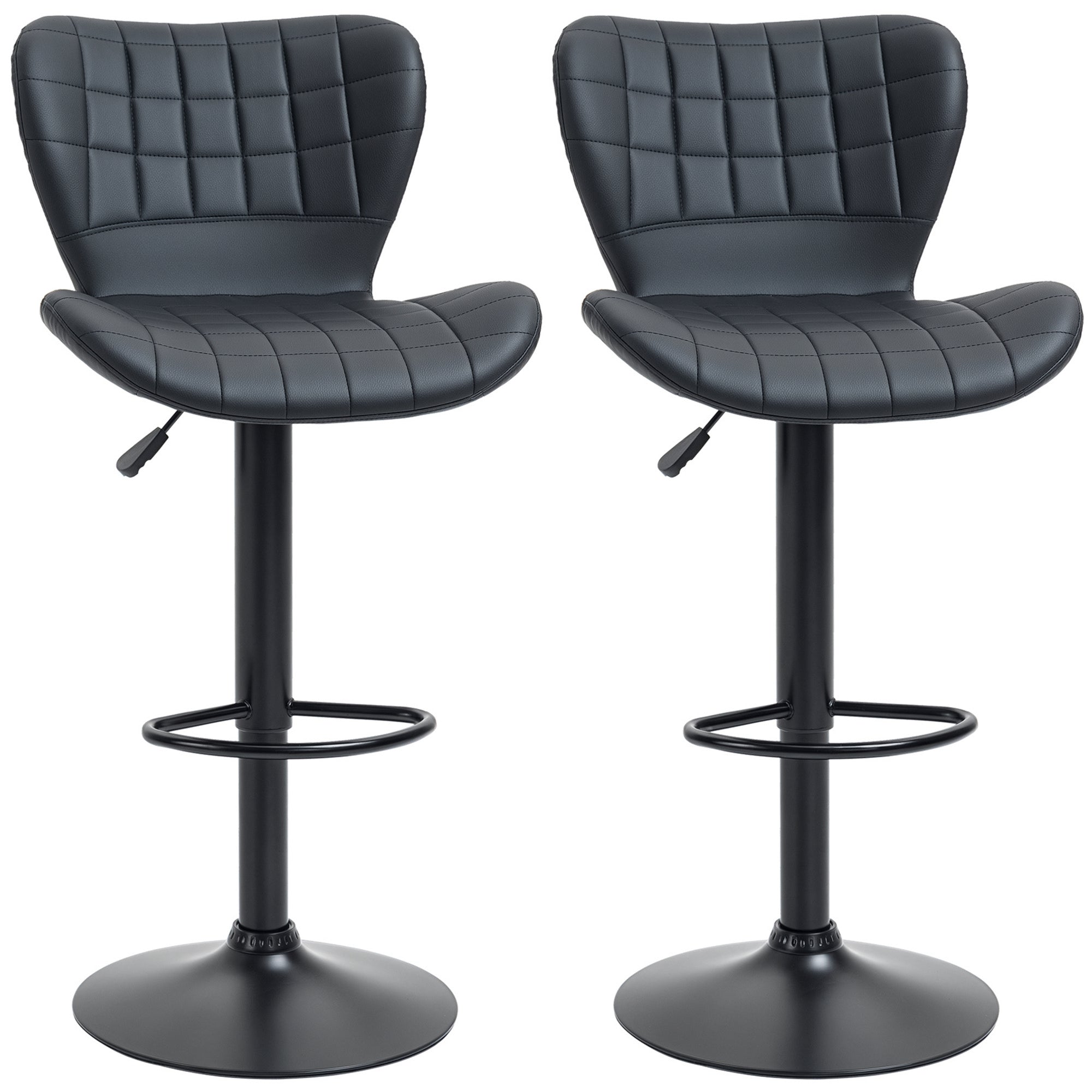 Avion Bar Stools Set of 2, Adjustable Height Swivel Bar Chairs, PU Leather Upholstered Kitchen Counter Stools with Wide Seat, Back and Footrest, Black