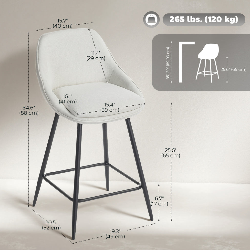 Reece 26" Counter Height Barstools Set of 2, Upholstered Swivel Bar Stools with Backrests and Armrests, Cream White